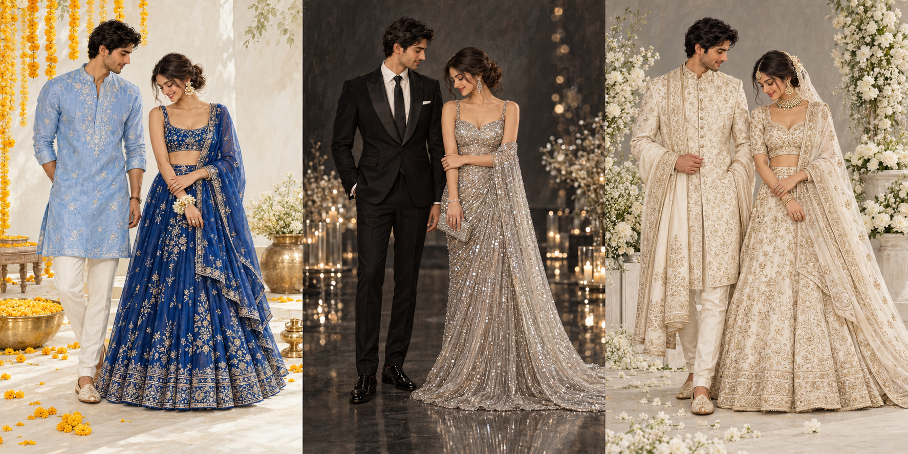Illustrative couple wearing Powder-blue kurta · Cobalt lehenga