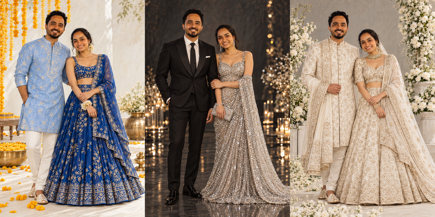 Ayushi and Shivam styled in Powder-blue kurta · Cobalt lehenga